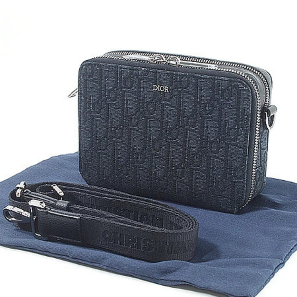 Christian Dior Oblique Jacquard Shoulder Bag Canvas Leather Blue